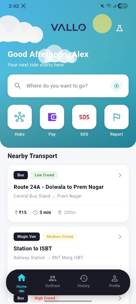 VALLO app showing nearby transport options in India